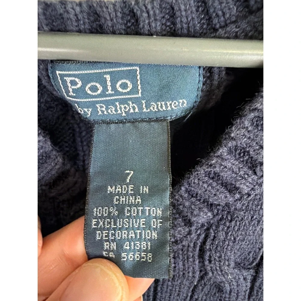 Polo Ralph Lauren Sweater Vest Boys Size 7 Navy Blue Cable Knit V-Neck Cotton